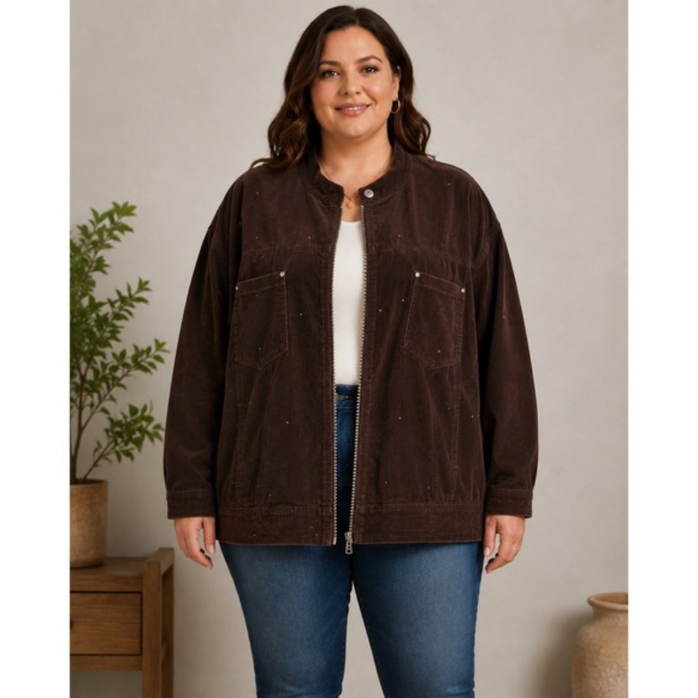 Quacker Factory Corduroy Jacket Womens 2X Brown Rhinestone Mock Neck Zip